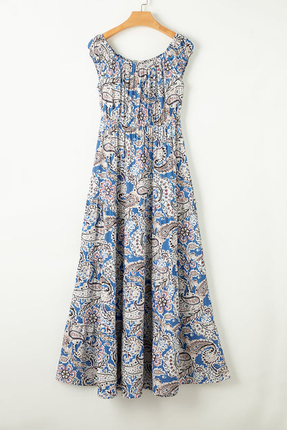 Blue Paisley Print Off-Shoulder Boho Dress