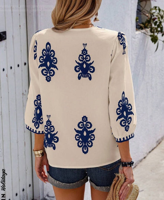 Holiday Random Print V-Neck Vacation Shirt