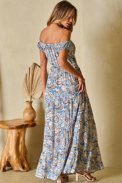 Blue Paisley Print Off-Shoulder Boho Dress