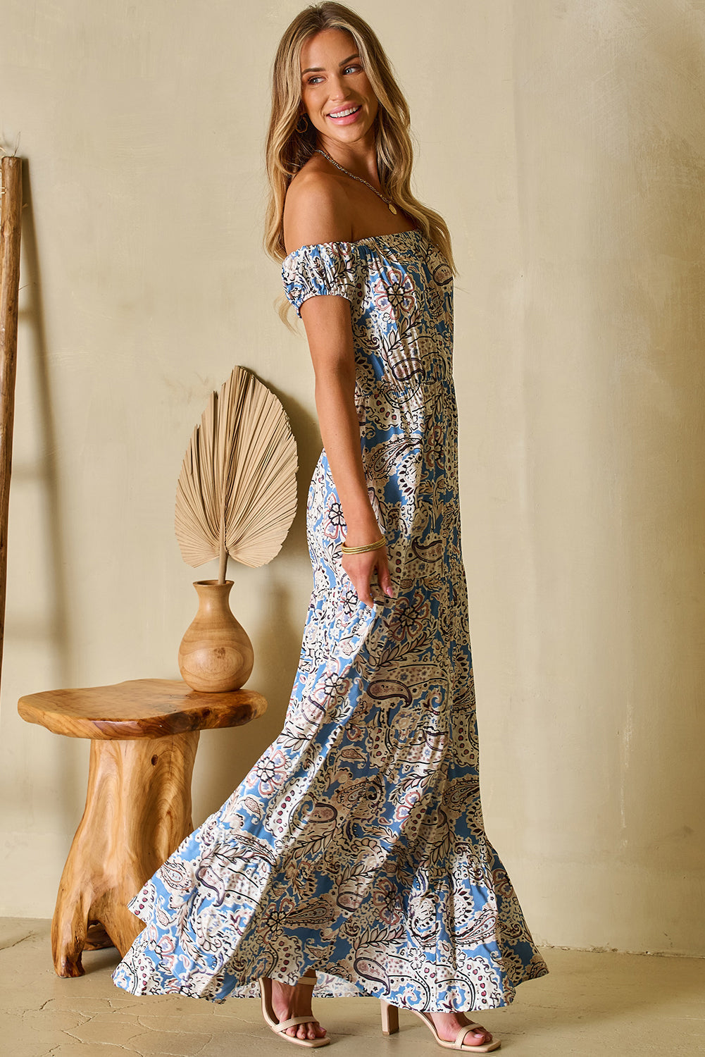 Blue Paisley Print Off-Shoulder Boho Dress