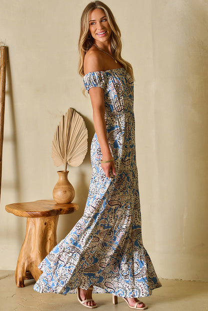 Blue Paisley Print Off-Shoulder Boho Dress