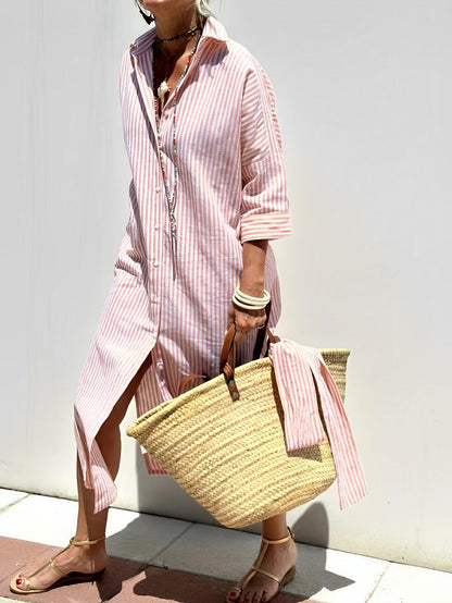 Lace-Up Striped Shirt Dress – Effortless Elegance