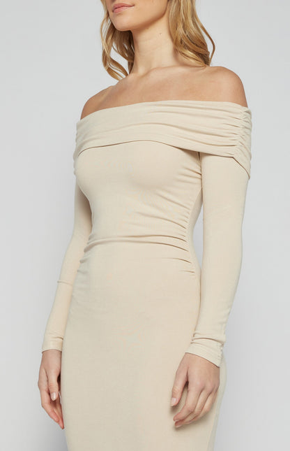 Off-Shoulder Jersey Midi Dress with Ruche