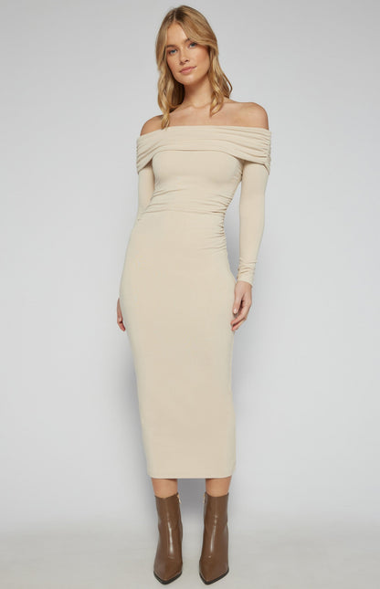 Off-Shoulder Jersey Midi Dress with Ruche