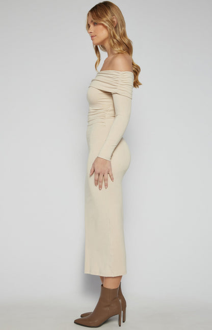 Off-Shoulder Jersey Midi Dress with Ruche