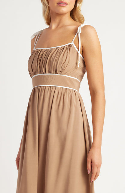 Cotton Blend Contrast Binding Midi Dress with Shoulder Tie