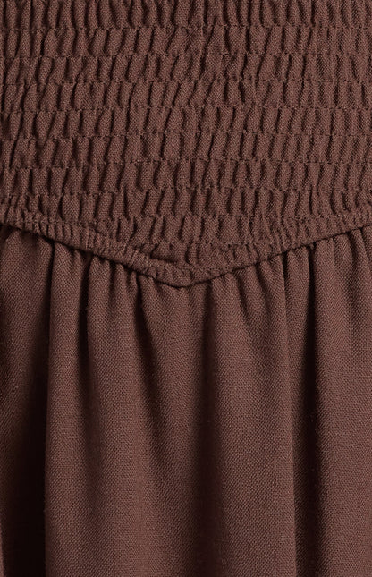 Cotton Linen Shirred Bodice V-Waist Midi Dress