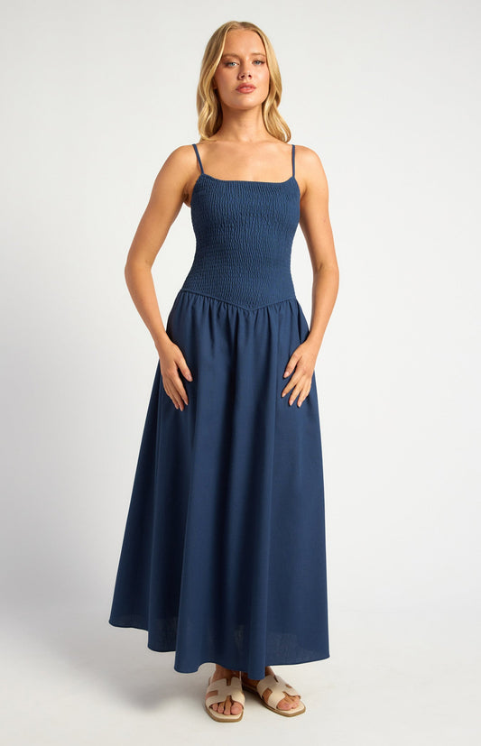 Cotton Linen Shirred Bodice V-Waist Midi Dress