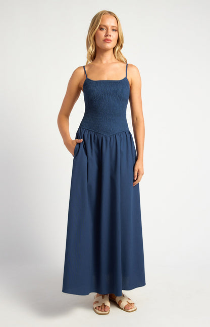 Cotton Linen Shirred Bodice V-Waist Midi Dress