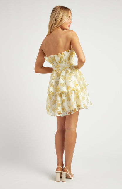 Ruffled Neckline Strapless Floral Organza Dress