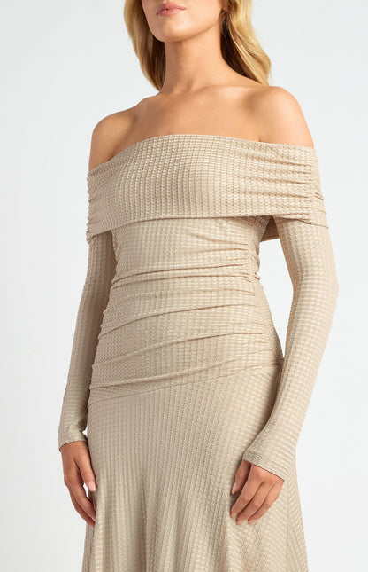 Off Shoulder Ruched Bodice Textured Maxi Dress