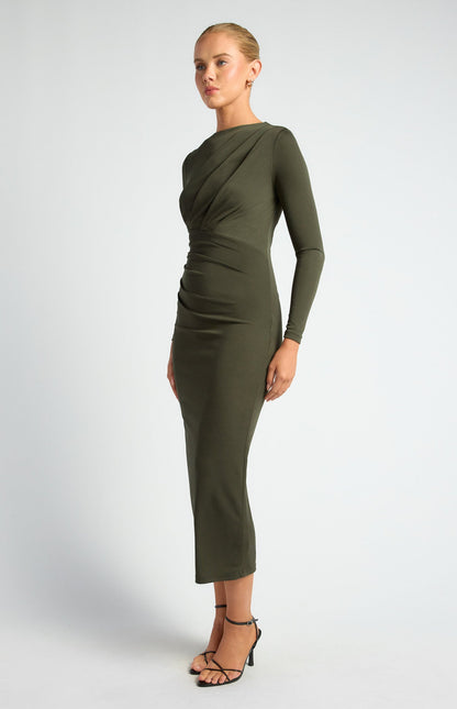 Pleated Detail Stretch Jersey Midi Dress