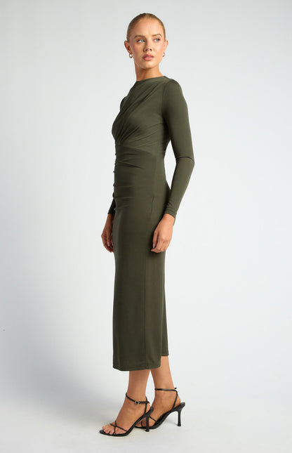 Pleated Detail Stretch Jersey Midi Dress