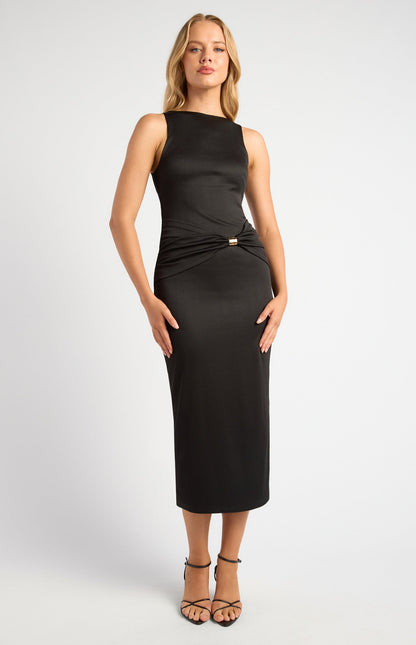 Textured Jersey Dress with Waist Gathering and Gold Ring Feature