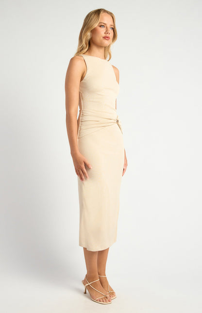 Textured Jersey Dress with Waist Gathering and Gold Ring Feature