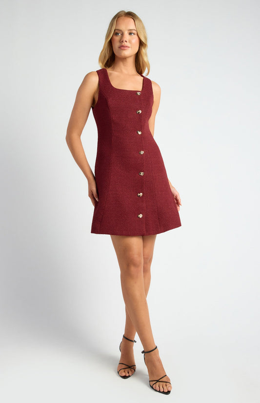 Tweed A-Line Mini Dress with Embossed Gold Buttons