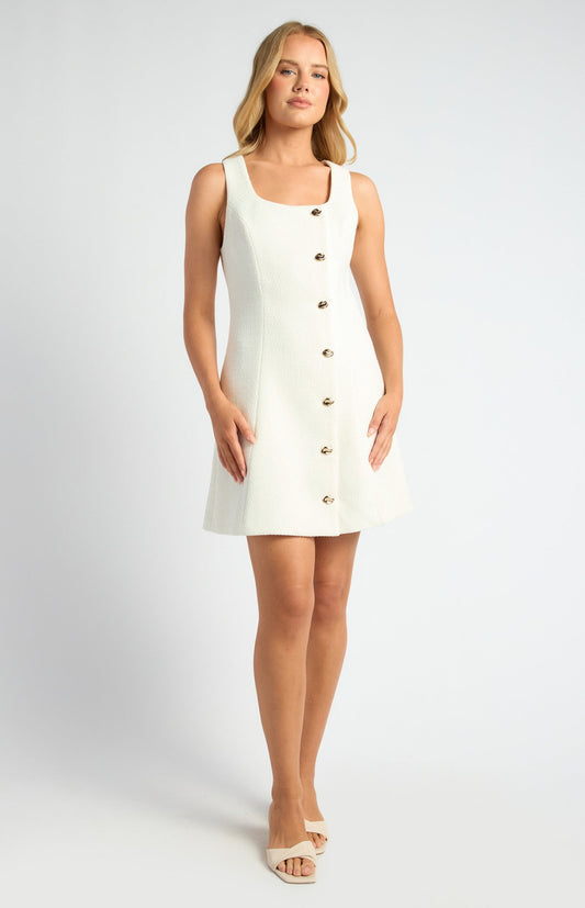 Tweed A-Line Mini Dress with Embossed Gold Buttons