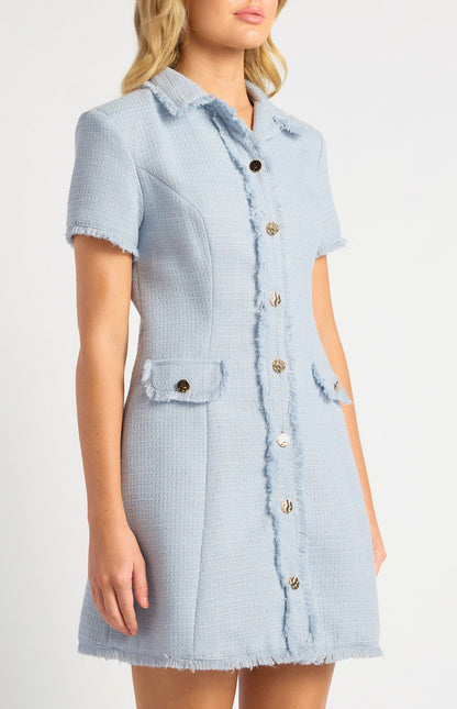 Gold Button Feature Fray Detail Collared Tweed Dress