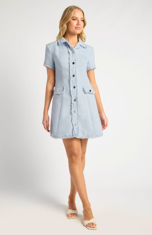 Gold Button Feature Fray Detail Collared Tweed Dress