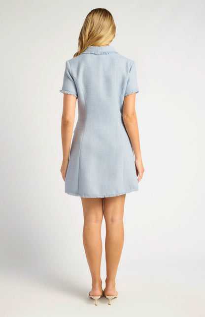 Gold Button Feature Fray Detail Collared Tweed Dress