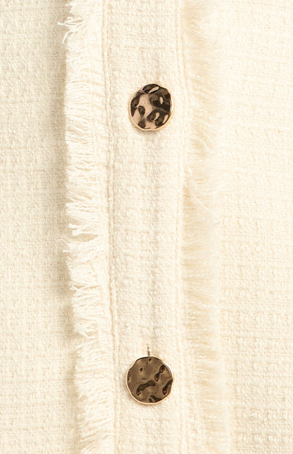 Gold Button Feature Fray Detail Collared Tweed Dress