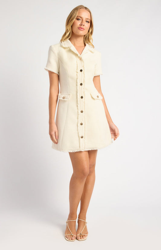 Gold Button Feature Fray Detail Collared Tweed Dress