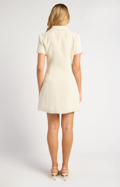 Gold Button Feature Fray Detail Collared Tweed Dress
