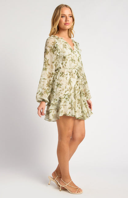 Floral Print Chiffon Dress with Elastic Waist and Ruffle