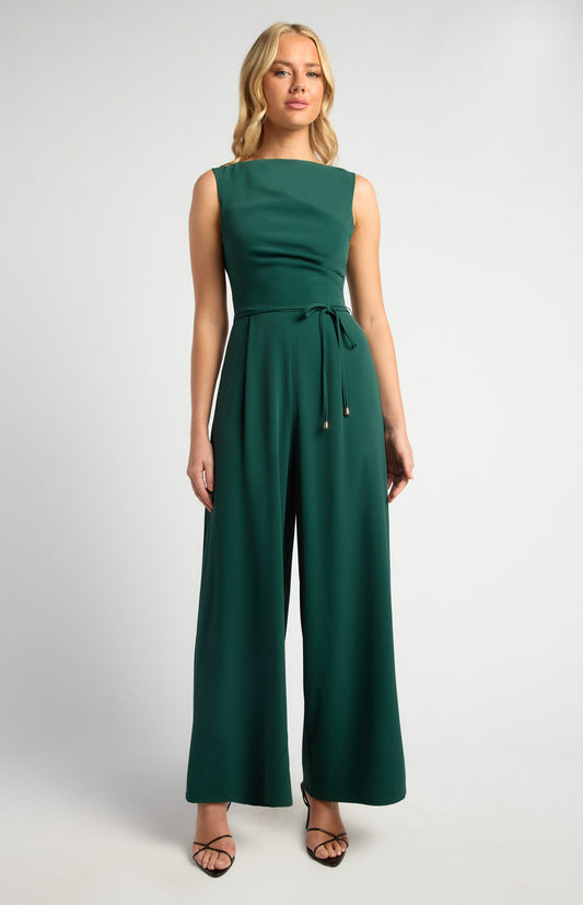 Pleated Detail Jumpsuit with Gold Toggle Belt
