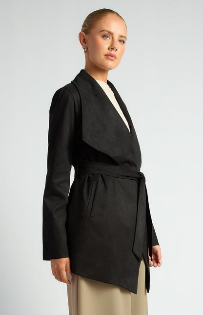 Faux Suede Waterfall Jacket with Waist Tie and Pockets