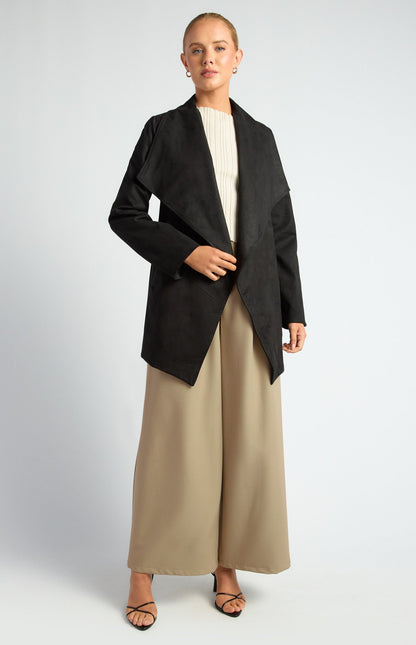 Faux Suede Waterfall Jacket with Waist Tie and Pockets