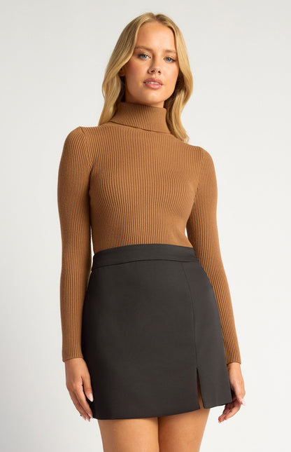High-Neck Fitted Ribbed Knit Top