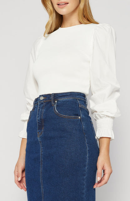 Knit Top with Contrast Woven Sleeves
