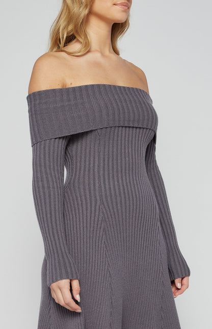 Off Shoulder A-Line Knit Dress with Panel