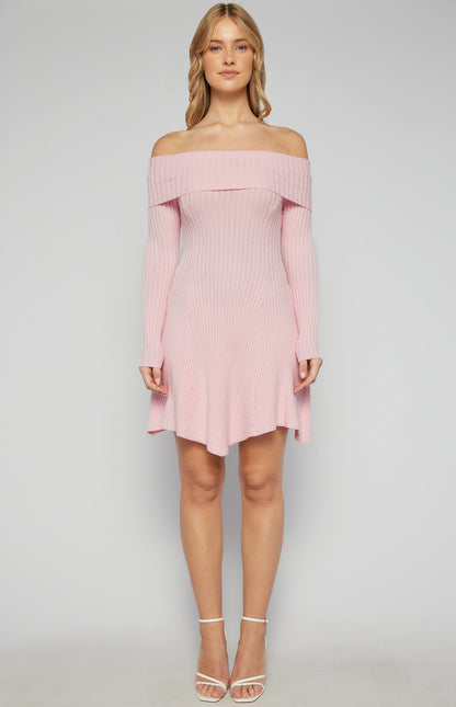 Off Shoulder A-Line Knit Dress with Panel
