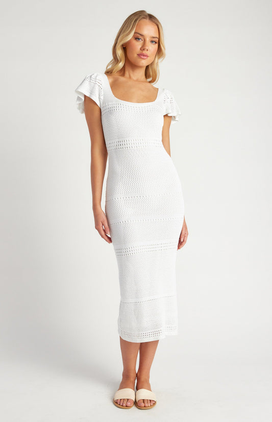 Butterfly Sleeve Crochet Knit Midi Dress