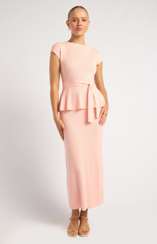 Cap Sleeve Knit Top and Midi Skirt Set with Waist Tie