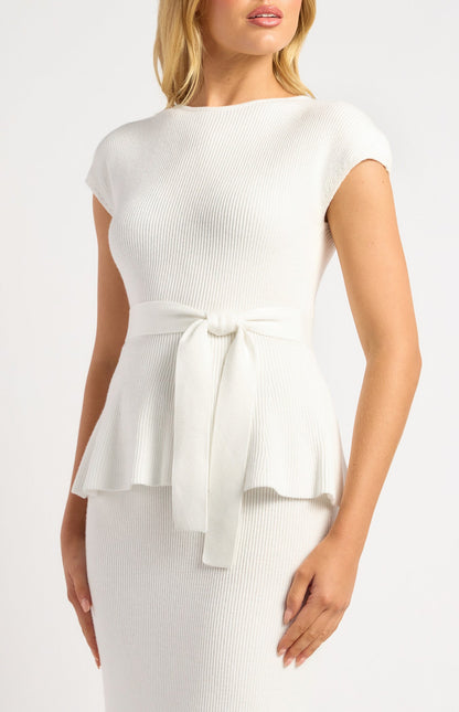 Cap Sleeve Knit Top and Midi Skirt Set with Waist Tie