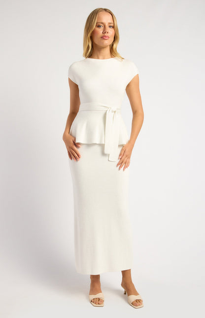 Cap Sleeve Knit Top and Midi Skirt Set with Waist Tie