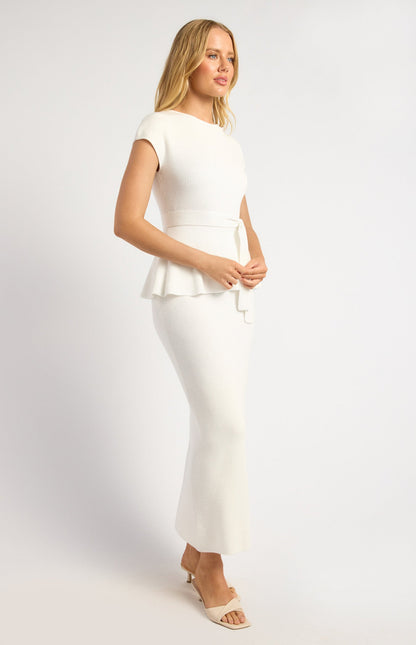 Cap Sleeve Knit Top and Midi Skirt Set with Waist Tie