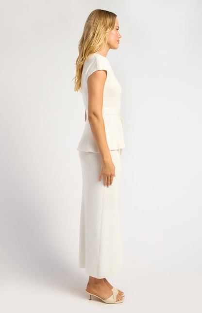 Cap Sleeve Knit Top and Midi Skirt Set with Waist Tie