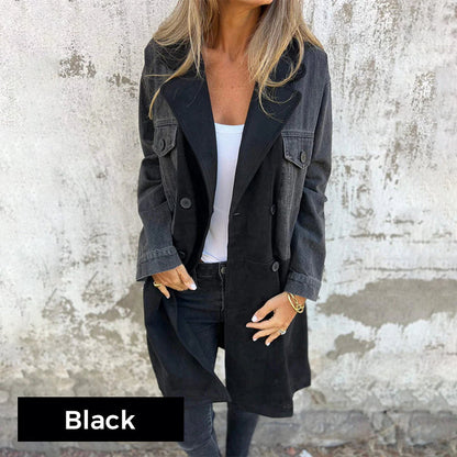 Denim-Stitched Mid-Length Trench Coat – Stylish & Versatile