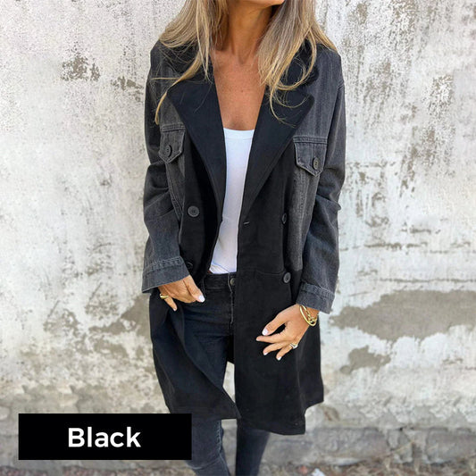 Denim-Stitched Mid-Length Trench Coat – Stylish & Versatile