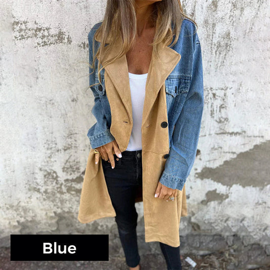 Denim-Stitched Mid-Length Trench Coat – Stylish & Versatile