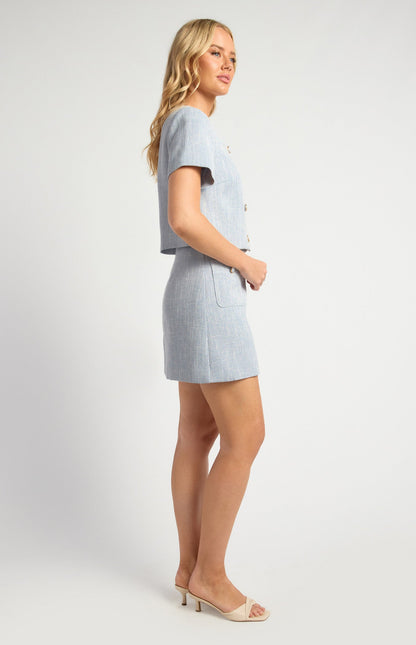 Lightweight Tweed Fabric Top and Skirt Set with Gold Accent Buttons