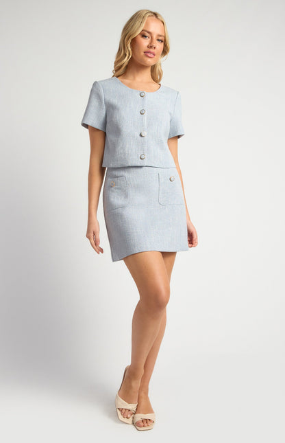Lightweight Tweed Fabric Top and Skirt Set with Gold Accent Buttons