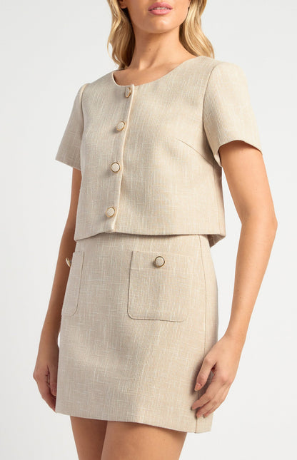 Lightweight Tweed Fabric Top and Skirt Set with Gold Accent Buttons
