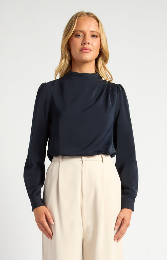 Draped Pleated Neckline with Gold Button Detail Blouse