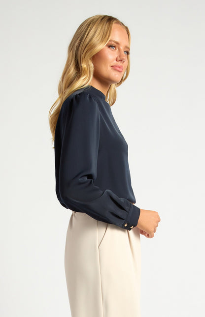 Draped Pleated Neckline with Gold Button Detail Blouse