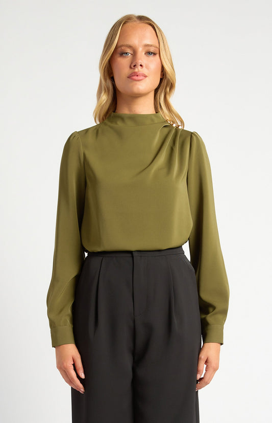 Draped Pleated Neckline with Gold Button Detail Blouse